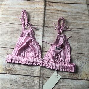 For Love And Lemons Pink Satin Rose Embroidered Bralette with Ruffles